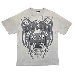 Vtg Y2k Skin Industries Shirt Men Gray Graphic 2000s Thrashed Punk Grunge Baggy